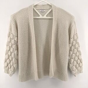 Nine West Textured Bobble Sleeve Cardigan Cream Neutral Open Front Knit Medium